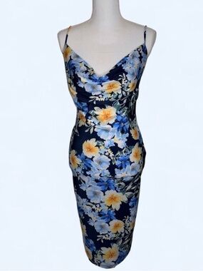 IRIS Navy Floral Cowl Midi Dress with Yellow & Blue Blooms